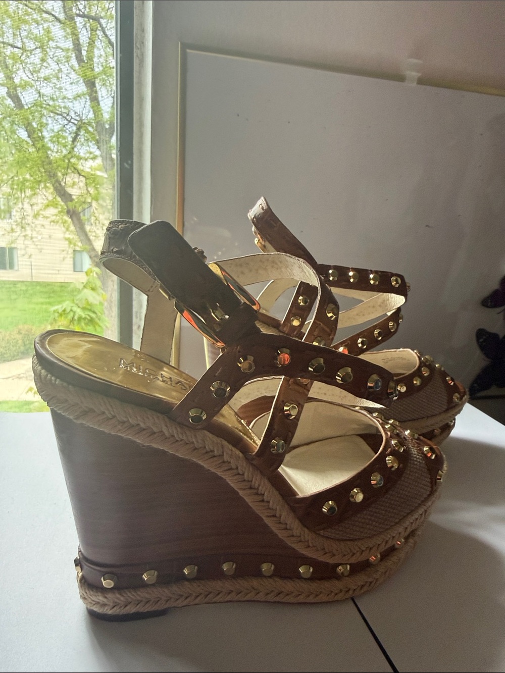 Michael Kors Brown Studded Wedge Espadrille Sandals - Picture 2 of 7